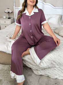 大码女式休闲纯色荷叶边短袖长裤睡衣套装