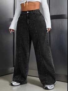 SHEIN ICON Coolmax 大码女式口袋宽腿宽松休闲牛仔裤 - 黑色 - 查看 4