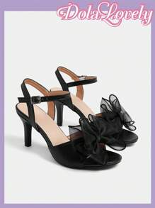 Dola Lovely 女士时尚洛丽塔蝴蝶结珍珠系带丝绸缎婚礼派对白色粗跟凉鞋 - 黑色 - 查看 4