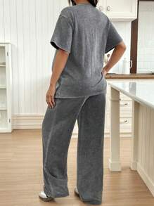 SHEIN Casual Round Neck Short Sleeve Straight Leg Pants Maternity Set, Distressed Washed Relaxed Fit - Dark Grey - View 2