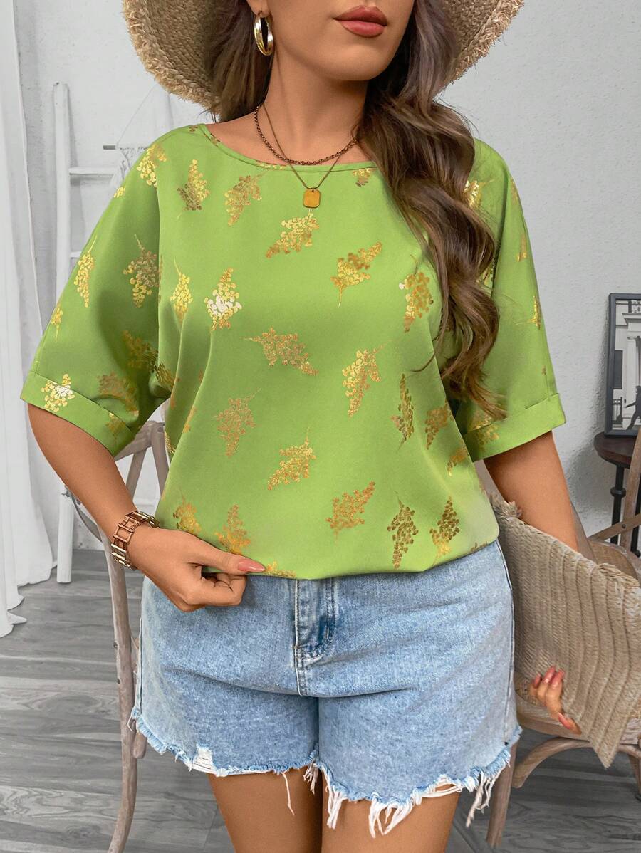 Flirla 大码女式波西米亚风优雅度假圆领金属图案蝙蝠袖宽松夏季衬衫 - 綠色 - 查看 1