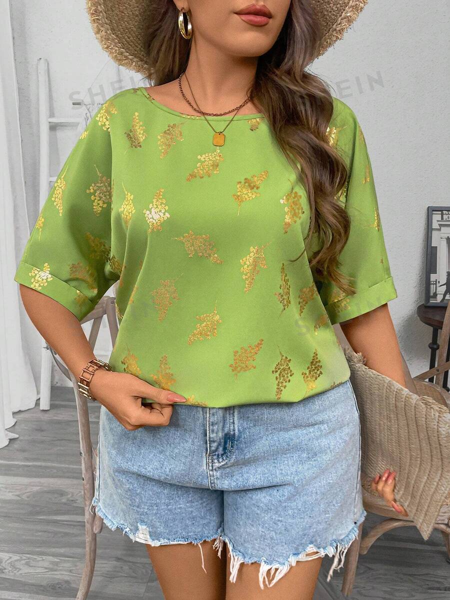 Flirla Damen Große Größen Boho Elegant Urlaub Rundhals Metall Muster Fledermausärmel Loose Sommer Shirt