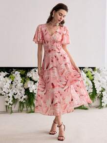 MOTF PREMIUM SILK FLORAL PRINT SHORT SLEEVE SLIT MIDI DRESS - Pink - View 3