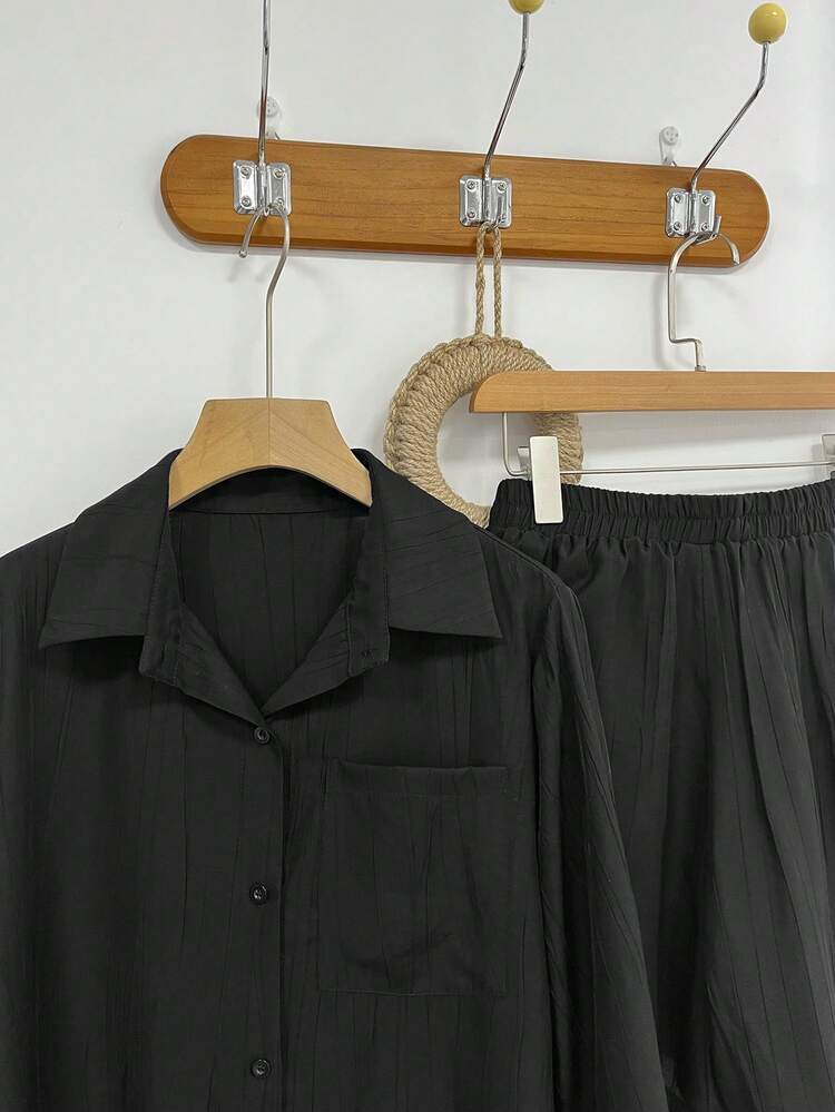 2pcs Women Textured Solid Loose Blouse And Shorts Set, Spring/Summer/Autumn