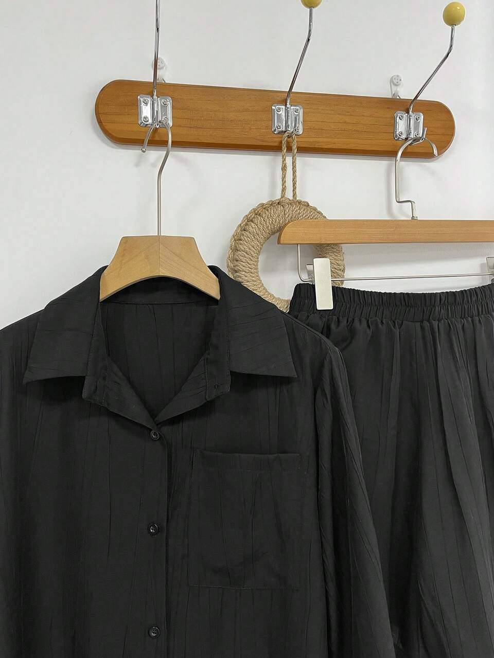 2pcs Women Textured Solid Loose Blouse And Shorts Set, Spring/Summer/Autumn Lounge Sets For Women