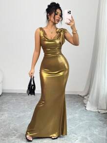 Rafferiza Women's Solid Color Deep Draped Neck Metallic Maxi Open Back Asymmetrical Hem Dress - Gold - View 8