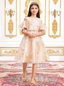 SHEIN Leap Crew Tween Girl Elegant Open Shoulder Patterned Short Sleeve Dress, Ramadan - Baby Pink - View 4