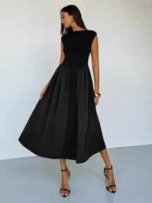 Aloruh Vestidos largos elegantes de mujer con cuello redondo, mangas cortas, espalda ajustada y mangas de campana - Vestidos elegantes de verano para mujer - Vestidos de vacaciones - Vestidos de mujer - Vestidos de verano de mujer - Vestidos negros de mujer - Vestidos de cumpleaños de mujer