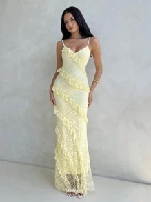 Aloruh Women's Solid Color Romantic Date Dress V-Neck Spaghetti Strap Yellow Lace Layered Ruffle Mermaid Hem Bodycon Dress, Suitable For Spring And Summer Vacation,Summer Dresses
Spring Clothes - Yellow - View 4