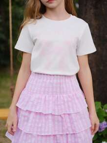 SHEIN Tween Girls 2pcs Bowknot Short Sleeve Top And Plaid Multilayer Cake Skirt Set, Cute & Sweet Style, Suitable For Outings, Social Media Photos - Pink - View 4