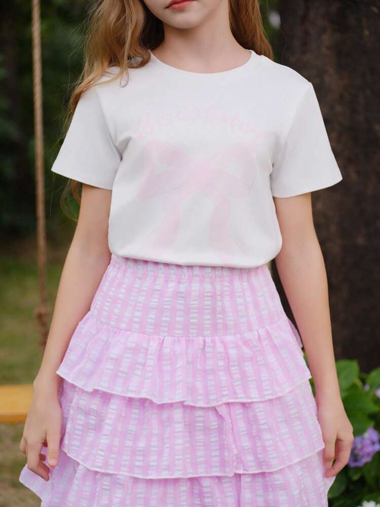 SHEIN Tween Girls 2 件蝴蝶结短袖上衣和格子多层蛋糕裙套装，可爱甜美风格，适合外出、社交媒体照片 - 粉色 - 查看 4