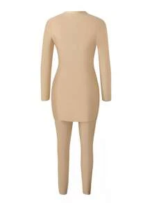 Swim Shayni Trang phục đi biển mùa hè cho phụ nữ, váy ba lỗ xoắn eo cổ tròn tay dài mới + quần dài kín đáo màu trơn Burkini - Màu Khaki - Xem 4