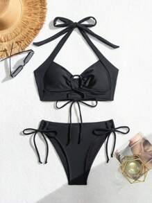 SHEIN Swim Springbreak Women Solid Color Elegant Cross Front Lace-Up Bikini Set Swimwear - Black - View 7