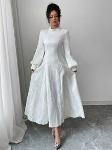 Modelyn 女士优雅 A 字腰链提花编织连衣裙 - 杏色 - 查看 3