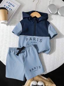 2 件套男婴字母印花撞色连帽夹克和短裤套装，适合春夏季室内外穿着 - 藍色 - 查看 10