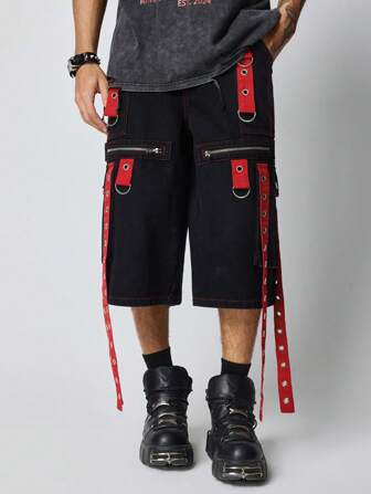 Grunge Punk Shorts vaqueros holgados para hombre con decoración de cinta tejida