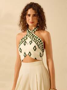 CAJUNI Áo ba lỗ cổ chữ thập in họa tiết Boho cho nữ, Áo ba lỗ đi biển thường ngày mùa hè - Nhiều màu - Xem 3