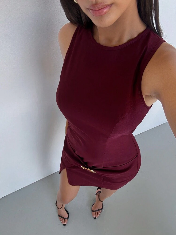 Aloruh Vestido mini ajustado con decoración de botón de metal y retorcido en la cintura, vestido burdeos elegante para mujer, ropa elegante de maestra, ropa de mujer para trabajo, vestimenta de negocios casuales para mujeres - Burdeos - Añade 6