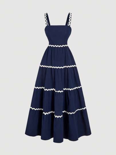 SHEIN MOD 女士海军蓝拼接荷叶边连衣裙，休闲百搭，适合约会、度假、下午茶、海滩装扮、夏季连衣裙、音乐会服装、乡村风格服装、端庄连衣裙、波西米亚风女装、西部风女装、夏威夷风女装
