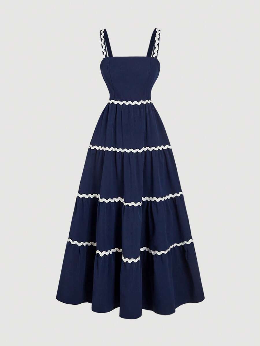 SHEIN MOD Váy xòe xếp nếp màu xanh navy cỡ lớn dành cho nữ, trang phục thường ngày thích hợp cho hẹn hò, nghỉ dưỡng, trà chiều, trang phục đi biển cho phụ nữ, váy mùa hè, trang phục hòa nhạc cho phụ nữ, trang phục đồng quê cho phụ nữ, váy kín đáo cho phụ nữ, quần áo Boho cho phụ nữ, quần áo phương Tây cho phụ nữ, quần áo Hawaii cho phụ nữ - Màu xanh lam - Xem 1