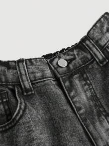 SHEIN Tween Girls Y2K Fashion Retro Stonewashed Flap Pocket Baggy Denim Cargo Jeans Long Shorts, Girls Fall Clothes Back To School Outfits - Light Grey - View 3