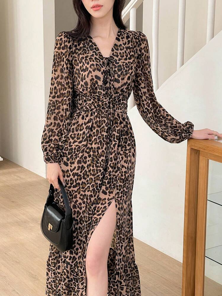 French Style Leopard Print Long Waist-Cinched Dress For Women, Fall Dress Long Sleeve Dress