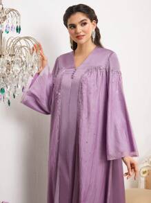 Al Najma 女士优雅水钻装饰传统土耳其和阿拉伯长袍 - 紫色 - 查看 4