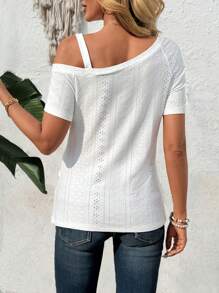 EMERY ROSE Women's Solid Color Off Shoulder Short Sleeve Simple Button Casual T-Shirt - White - View 2
