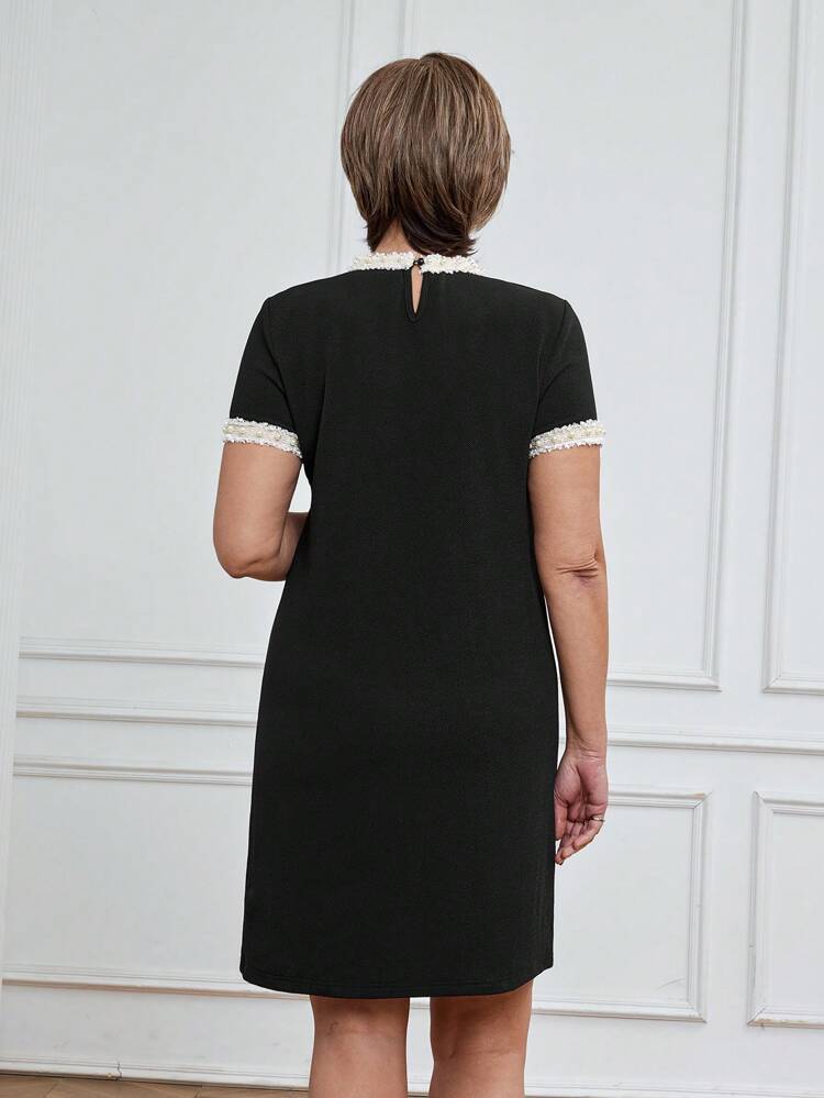 Women's Casual Beaded Tape Collar Design Round Neck Short Sleeve Black Mini Dress, Spring & Summer Daily Wear