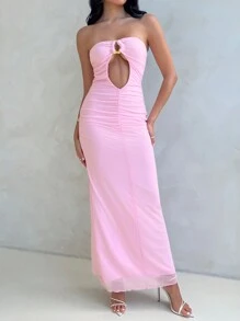 Aloruh Damen neues sexy Cut Out Bandeau figurbetontes langes Kleid für Valentinstag - Pink - Übersicht 6