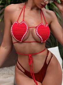 Swim SXY Nueva blusa con nudo en forma de corazón tejida para cubrir para mujer para playa y vacaciones de verano - Rojo - Ver 4