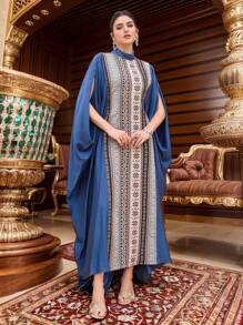 Al Najma Women's Elegant Jacquard Patchwork  Long Turkish Long Dress & Arabic Traditional Long Dress Dress  Arabian Kaftan & Jalabiya - Blue - View 5