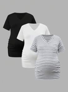 SHEIN Top ajustado de manga corta con escote en V para maternidad, uso casual diario - Blanco y Negro - Ver 3