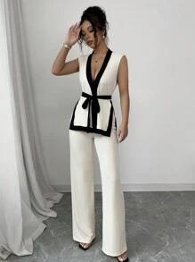 Elenzga 2pcs Women Spring/Summer French Elegant Color Blocking Sleeveless Cropped Top & Wide Leg Pants Set - Apricot - View 6