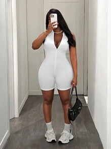 Slaydiva Casual Basic Sportswear Sleeveless Contrast Color Zip Collar Jumpsuit - FF - Black and White - View 1