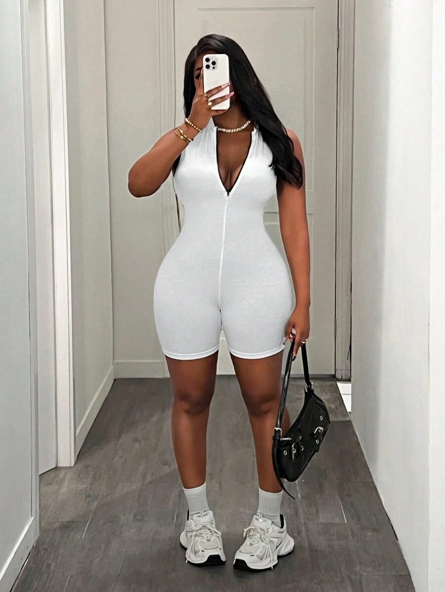 Slaydiva Casual Basic Sportswear Sleeveless Contrast Color Zip Collar Jumpsuit - FF - Black and White - View 1