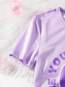 2pcs Tween Girls Casual Smile Face Pattern Short Sleeve Top And Pants Pajama Set, Comfortable - Purple - View 4