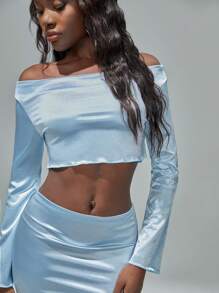 SHEIN Unity 2 件套女士纯色缎面短款宽松上衣和高腰直筒长裙 - 藍色 - 查看 3