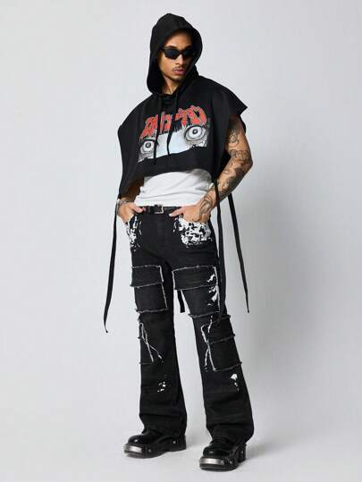 Grunge Punk Men's Stylish Fashionable Contrast Color Fringed Denim Jeans