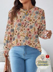 SHEIN LUNE 大码女式休闲宽松复古花卉印花圆领长袖 T 恤秋冬季花朵衬衫花卉衬衫多色女式衬衫 - 橘色 - 查看 1