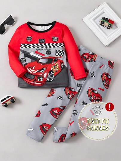 SHEIN 2pcs Young Boy Snug Fit Car Pattern Contrast Color Crew Neck Long Sleeve Top And Pants Knit Comfortable Sleepwear Set