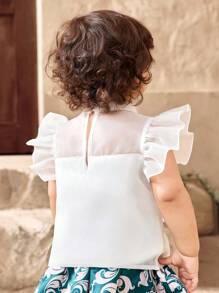 SHEIN ملابس علوية صيفي كاجوال للأطفال الرضع من القماش المنسوج والارجنزا مزين بألوان متناقضة وأكمام قصيرة - أبيض - مشاهدة 2
