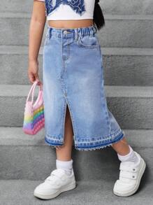 SHEIN 年轻女孩蓝色不对称牛仔裙 - 淺色水洗藍 - 查看 6