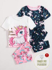 4 件套女婴独角兽印花贴身短袖衬衫和裤子睡衣套装 - 彩色 - 查看 6