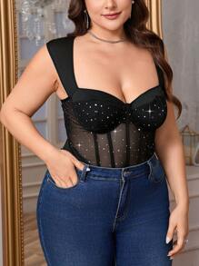 SHEIN Privé 加大码优雅休闲春夏亮片网眼紧身衣，带钢圈，端庄、百搭、时尚 - 黑色 - 查看 7