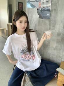 DAZY 女式圆领休闲逼真印花短袖 T 恤图案 T 恤，教师服装