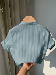 SHEIN LMoss Kids LMoss 1 件装年轻男孩休闲学院风舒适亚麻立领贴袋百搭百搭衬衫 - 霧霾藍 - 查看 3