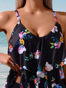 Swim Lushoire 2pcs/Set Colorful Printed Ruffled Cami Tankini Set For Women, Summer Beach Vacation Outfits - Multicolor - View 3