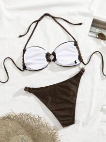 Swim EVENT Women's Summer Beach Casual Holiday Solid Color Bikini 2 Pieces Set, Paired With Simple Metal Accessories, Suitable For Outdoor Parties - Brown - View 7