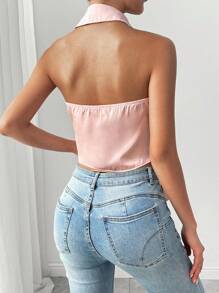 SHEIN Unity 女士夏季荷叶边无袖露背挂脖衬衫 - 淺粉色 - 查看 2